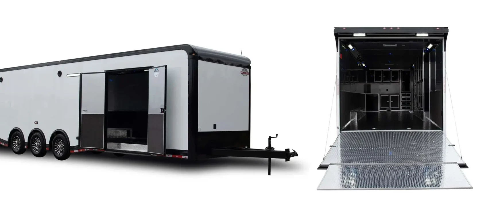 Enclosed trailer with open ramp.